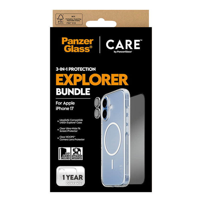 PanzerGlass Protector de Pantalla 3 en 1 CARE Explorer Set iPhone 17 de Cristal Templado Resistente a Rayones y Golpes, Kit Aplicación en Seco