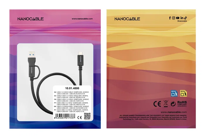 Nanocable Cable USB-C + USB-A a USB-C 3.2 Gen2 60W 4K 2m Negro