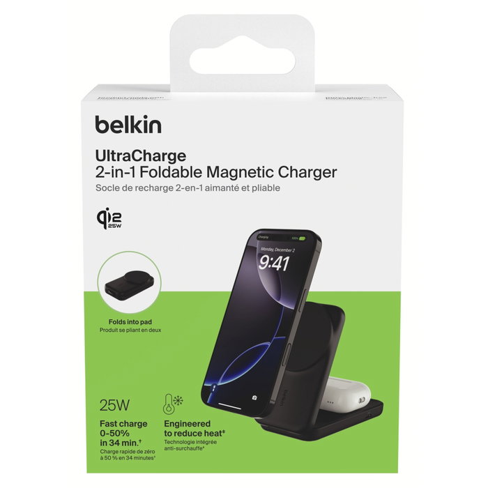 Belkin UltraCharge 25W Qi2 Cargador inalámbrico 2 en 1 WIZ038kqBK Negro