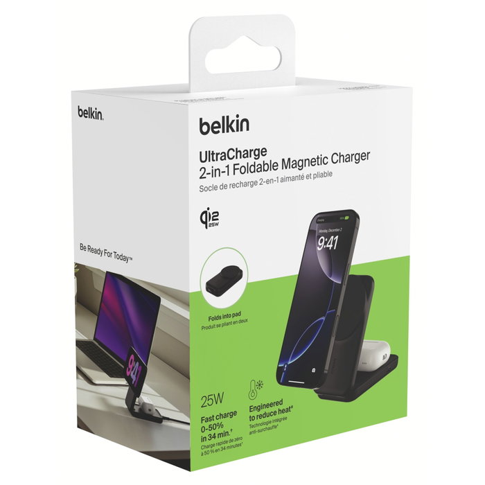 Belkin UltraCharge 25W Qi2 Cargador inalámbrico 2 en 1 WIZ038kqBK Negro
