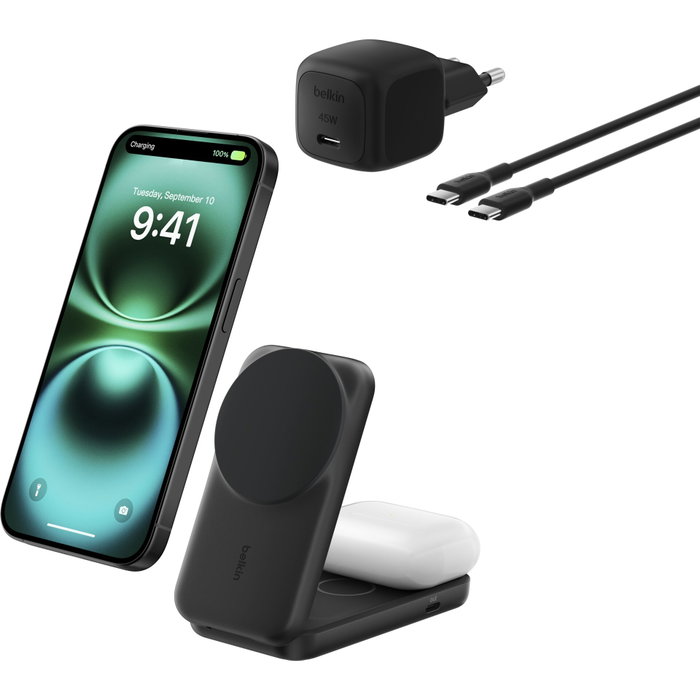 Belkin UltraCharge 25W Qi2 Cargador inalámbrico 2 en 1 WIZ038kqBK Negro