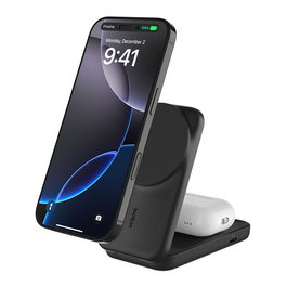 Belkin WIZ038kqBK Cargador Inalámbrico UltraCharge 25W Qi2 Magnético 2 en 1 de Sobremesa con Cable USB C 1.5 m Negro