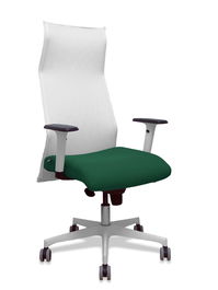 Sillón Albacete con mecanismo Sincro tapizada con Tela color Verde botella y malla color Blanco. Equipado con Base poliamida blanca, Brazos 1D y Ruedas 65 mm parqué