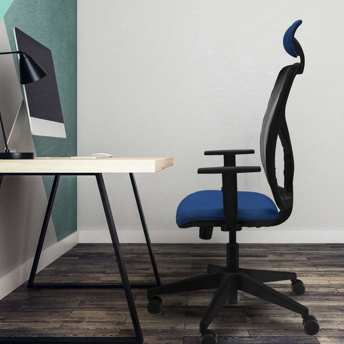 Silla de oficina Motilla con mecanismo Sincro/Traslack tapizada con Tela color Negro. Equipada con lumbar 1D, Brazos 1D, Cabecero Fijo y Ruedas 65mm nailon