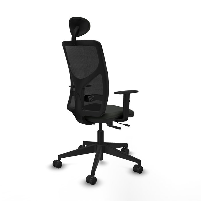 Silla de oficina Motilla con mecanismo Sincro/Traslack tapizada con Tela color Negro. Equipada con lumbar 1D, Brazos 1D, Cabecero Fijo y Ruedas 65mm nailon