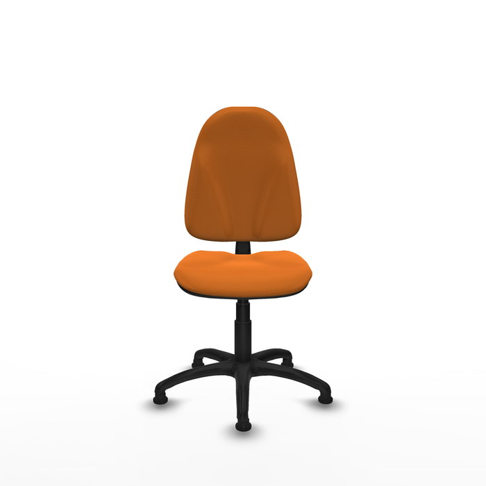 Silla de oficina Algarra con mecanismo Contacto permanente básico tapizada con Similpiel color Naranja. Equipada con Base poliamida negra, Sin brazosy Topes