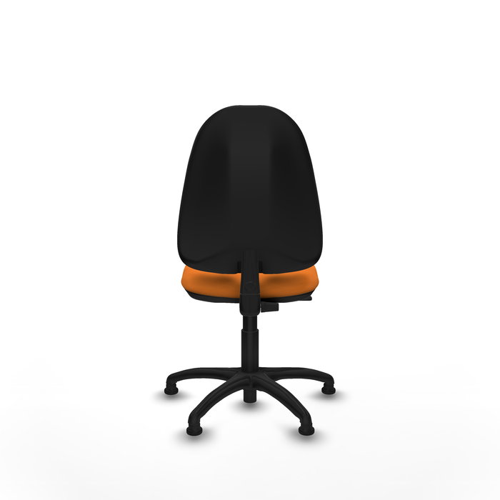 Silla de oficina Algarra con mecanismo Contacto permanente básico tapizada con Similpiel color Naranja. Equipada con Base poliamida negra, Sin brazosy Topes