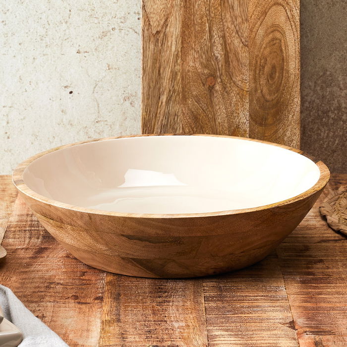Home Deco Factory Ensaladera Dune Crema Colección Mirage de Madera de Mango Diámetro 33 cm x 7.5 cm Alto