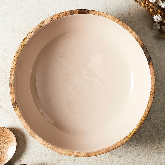 Home Deco Factory Ensaladera Dune Crema Colección Mirage de Madera de Mango Diámetro 33 cm x 7.5 cm Alto