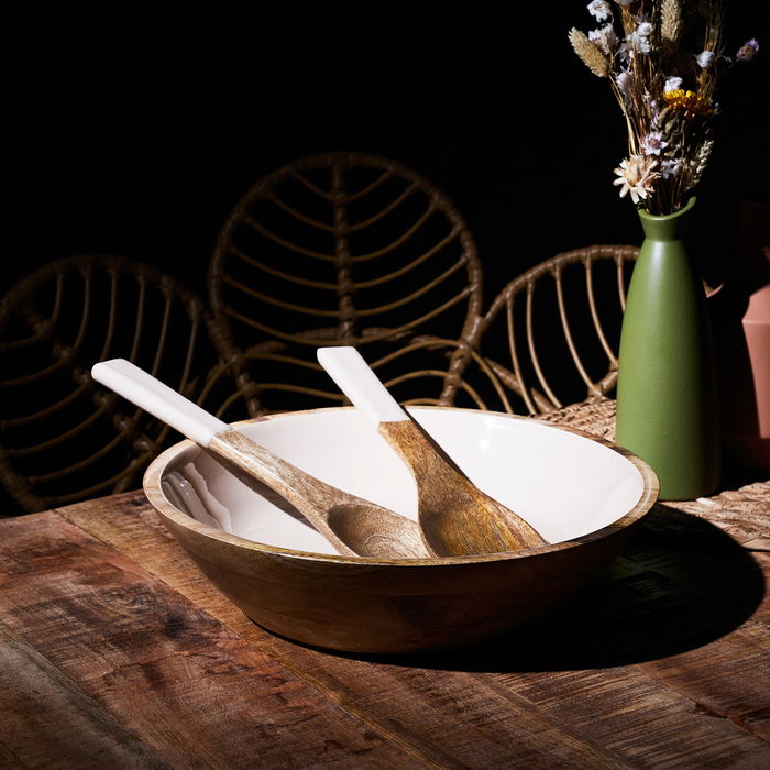 Home Deco Factory Ensaladera Dune Crema Colección Mirage de Madera de Mango Diámetro 33 cm x 7.5 cm Alto