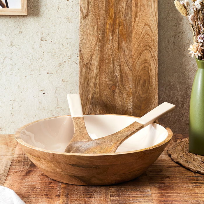 Home Deco Factory Ensaladera Dune Crema Colección Mirage de Madera de Mango Diámetro 33 cm x 7.5 cm Alto