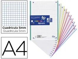 Oxford Recambio A4 160 Hojas Optik Paper+ Cuadro 5 mm 4 Taladros Banda 10 Colores