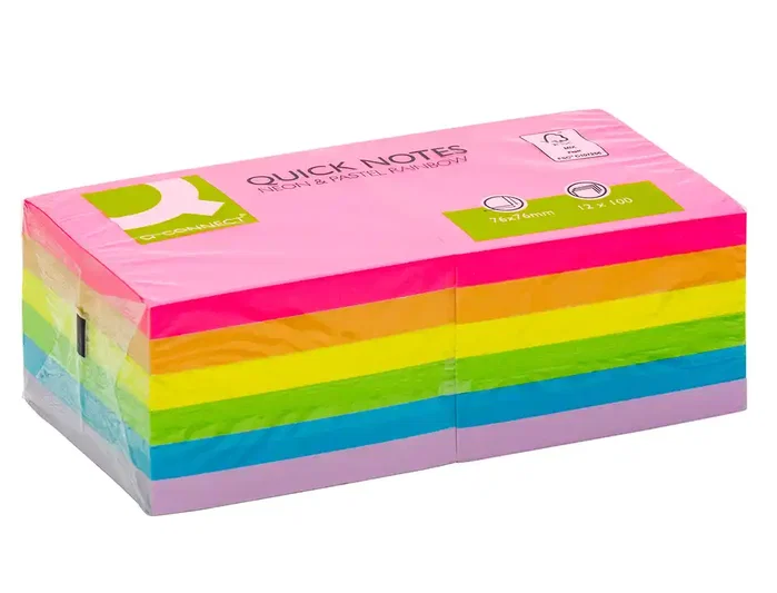 Q-connect Bloc de Notas Adhesivas 76x76 mm Colores Neón y Pastel Surtidos Certificado FSC