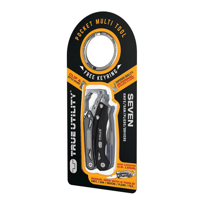 True Multiherramienta 9 en 1 de Acero Inoxidable con Clip Mosquetón, Cuchillo sin Bloqueo, Sierra, Alicates, Cortadores, Destornillador Phillips/Plano, Abrebotellas y Lima