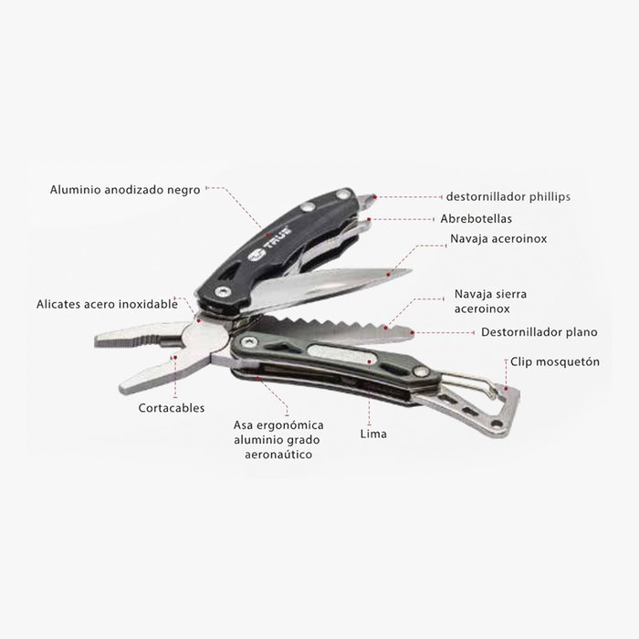 True Multiherramienta 9 en 1 de Acero Inoxidable con Clip Mosquetón, Cuchillo sin Bloqueo, Sierra, Alicates, Cortadores, Destornillador Phillips/Plano, Abrebotellas y Lima