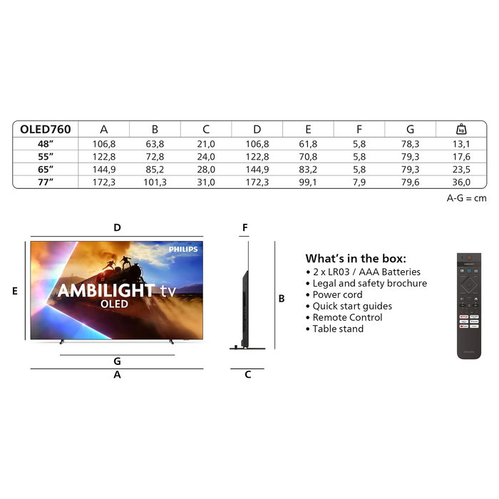 Philips 77OLED760/12 TV OLED 4K Ultra HD 77" (195.6 cm) Smart TV Ambilight 3 Lados 120Hz Procesador P5 AI Wi-Fi Bluetooth Titan OS HDR10+ Dolby Atmos