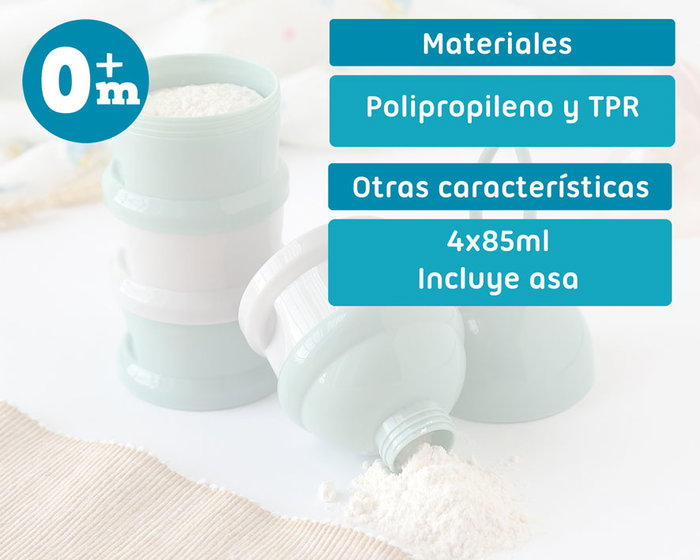 KioKids Dosificador Torre de Leche en Polvo Sage 340 mL, 4 compartimentos con embudo y asa, cierre de rosca, polipropileno +0 meses