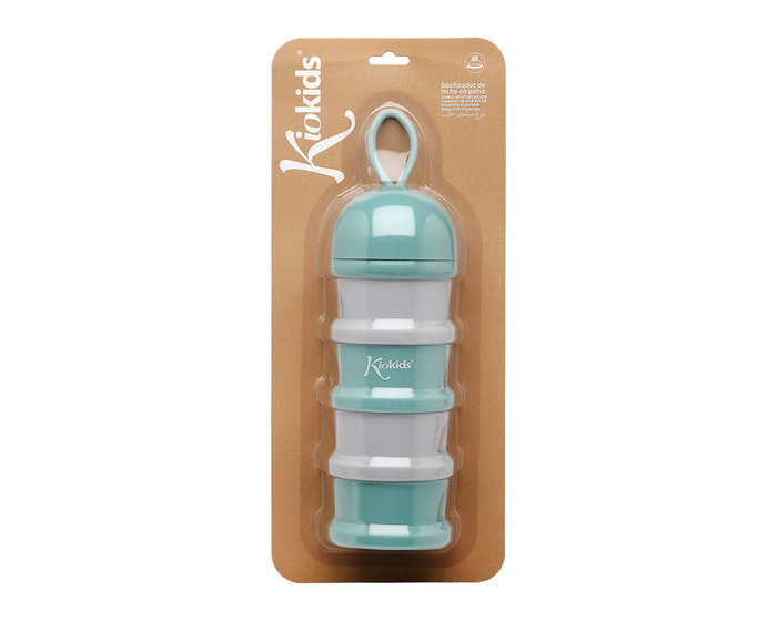 KioKids Dosificador Torre de Leche en Polvo Sage 340 mL, 4 compartimentos con embudo y asa, cierre de rosca, polipropileno +0 meses