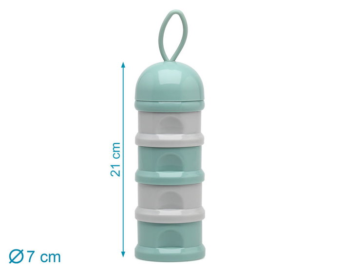 KioKids Dosificador Torre de Leche en Polvo Sage 340 mL, 4 compartimentos con embudo y asa, cierre de rosca, polipropileno +0 meses