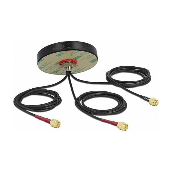 Delock Antena LTE MIMO Dual Band y WLAN 802.11 ac/ax/a/b/g/n para Exterior, 3 Conectores SMA Macho, Cable RG-174 1m, 3 dBi, IP67, Frecuencia 0.698-5.825 GHz
