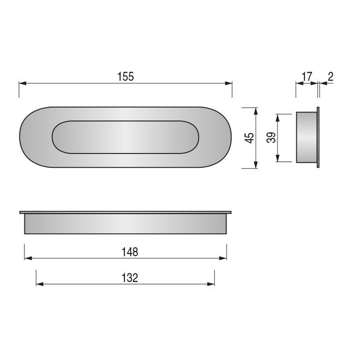HERRAJES ALK Tirador Embutir Ovalado 155X45X19 Inoxidable C/M Con Muelle Acero Inoxidable 304