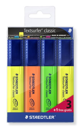 STAEDTLER Textsurfer Classic Surtido de 4 Marcadores Fluorescentes de Secado Rápido STAEDTLER Textsurfer Classic Surtido de 4 Marcadores Fluorescentes de Secado Rápido