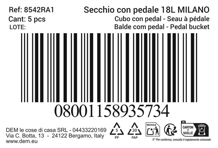 Inde Cubo con Pedal Milano 18L Blanco con Apertura de Pedal para Baño y Cocina 30 x 23 x 36 cm (5 Unidades)