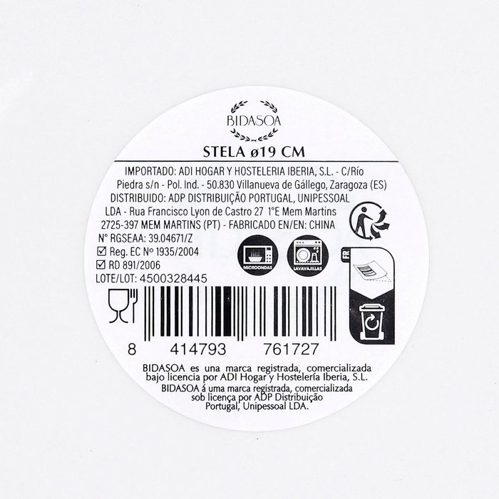 Bidasoa Plato de Postre Stela Porcelana 19 cm (12 Unidades) Blanco