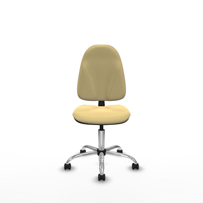 Silla de oficina Algarra con mecanismo Contacto permanente básico tapizada con Similpiel color Crema. Equipada con Base cromada, Sin brazos y Ruedas autofrenantes