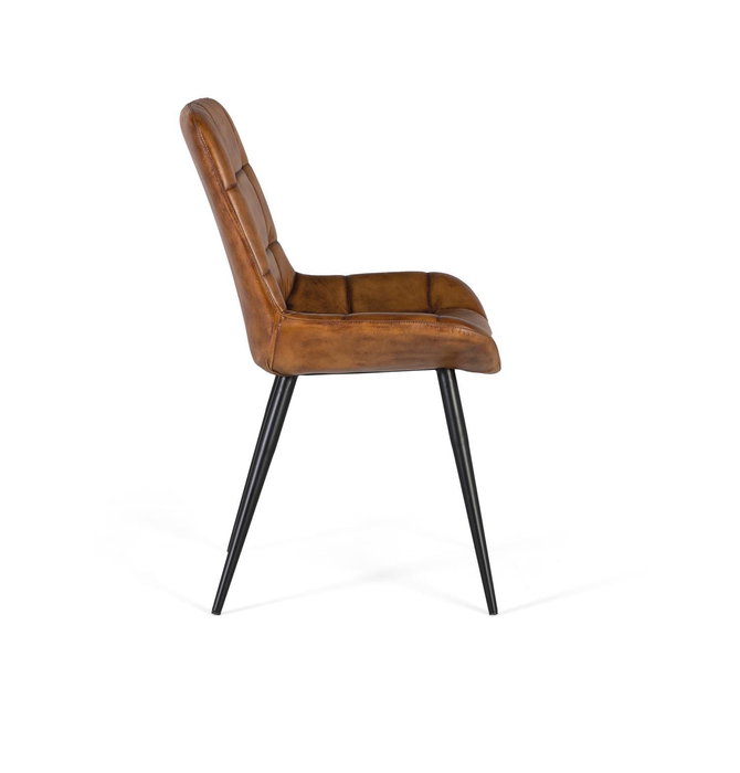 GINER Y COLOMER Silla de Comedor Tapizada en Piel Natural Marrón con Capitoné y Patas de Acero Negro Mate