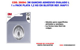 3M Finst Gancho Adhesivo Ovalado Plata 1,2 kg