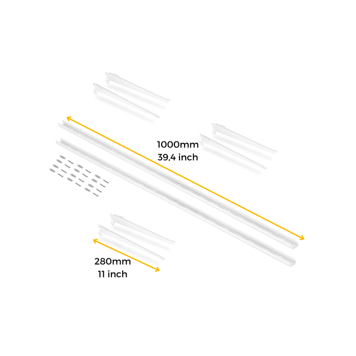 Emuca Kit para 3 estantes con sopores y perfiles de fijación a pared Jagmet, longitud 280mm, Acero, Pintado blanco