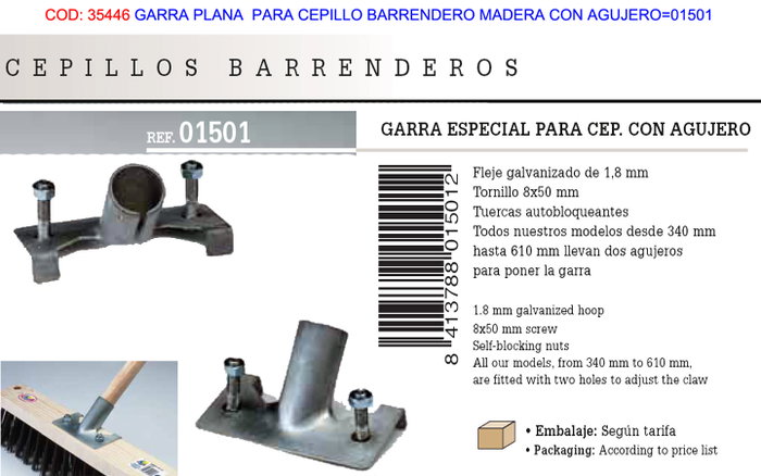 Garra Plana para Cepillo Barrendero Madera con Agujero Garra Plana para Cepillo Barrendero Madera con Agujero