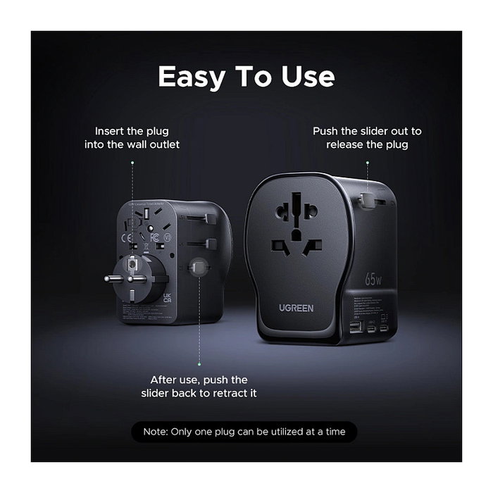 UGREEN Adaptador de Viaje GaN 65W Universal Carga Rápida USB-C/A, Enchufes USA/EU/UK/AU/CN - Compatible con MacBook, iPhone, Samsung