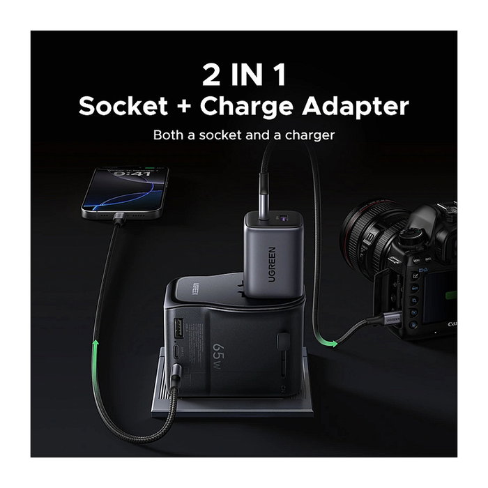 UGREEN Adaptador de Viaje GaN 65W Universal Carga Rápida USB-C/A, Enchufes USA/EU/UK/AU/CN - Compatible con MacBook, iPhone, Samsung