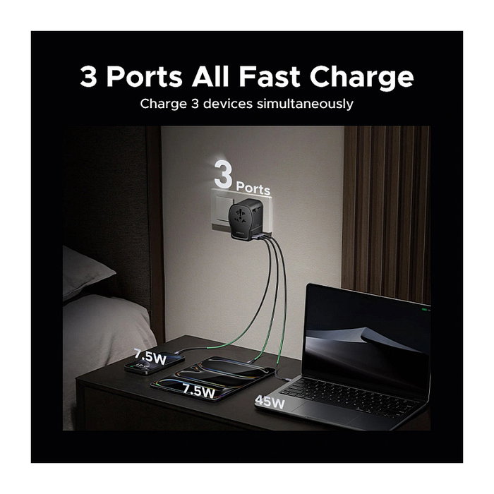 UGREEN Adaptador de Viaje GaN 65W Universal Carga Rápida USB-C/A, Enchufes USA/EU/UK/AU/CN - Compatible con MacBook, iPhone, Samsung