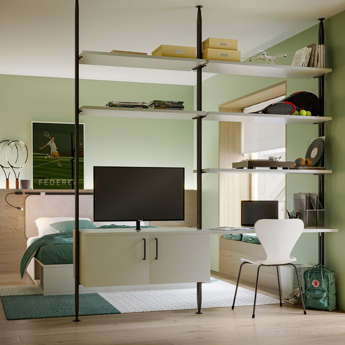 Emuca Kit de soportes para 3 estantes de madera y 1 módulo para la estructura Zero, Zamak, Pintado negro texturizado