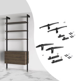 Emuca Kit de soportes para 3 estantes de madera y 1 módulo para la estructura Zero, Zamak, Pintado negro texturizado