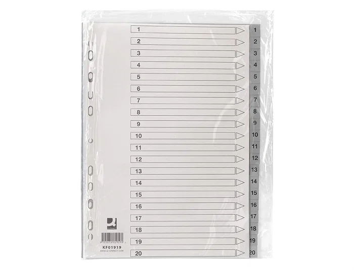 Q-connect Separadores Plástico 1-20 Din A4 Multitaladro Juego 20 Unidades Gris PVC