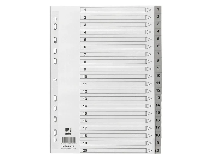Q-connect Separadores Plástico 1-20 Din A4 Multitaladro Juego 20 Unidades Gris PVC