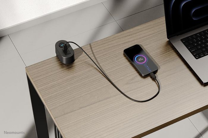 Neomounts DS22-840BL6 Regleta de Sobremesa con Abrazadera y Puertos USB-C y USB-A - Carga Rápida