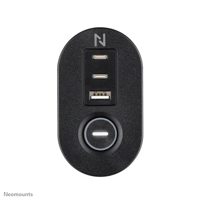Neomounts DS22-840BL6 Regleta de Sobremesa con Abrazadera, 3 Tomas AC + 4 Puertos USB (2x USB-C y 2x USB-A) para Carga Rápida 20W, Cable 1.4m, Negro