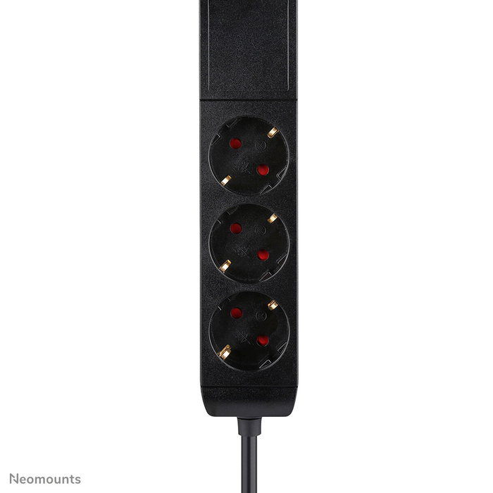 Neomounts DS22-840BL6 Regleta de Sobremesa con Abrazadera, 3x Schuko y USB-C/A de Carga Rápida - Negro
