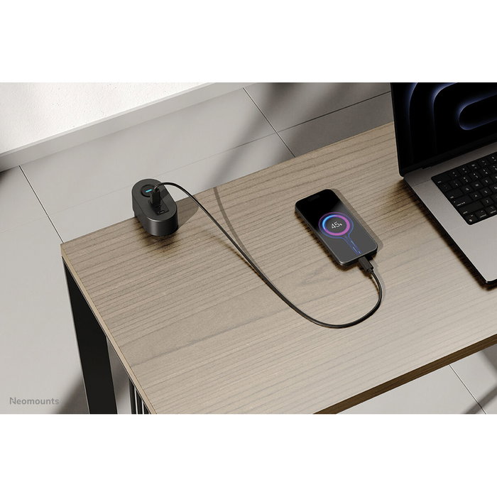 Neomounts DS22-840BL6 Regleta de Sobremesa con Abrazadera, 3x Schuko y USB-C/A de Carga Rápida - Negro