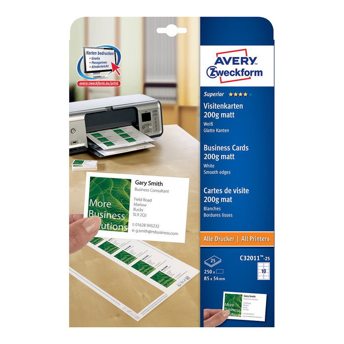 AVERY Zweckform Tarjetas de Visita C32011-25 Blanco Mate 200 g/qm, 250 Unidades AVERY Zweckform Tarjetas de Visita C32011-25 Blanco Mate 200 g/qm, 250 Unidades