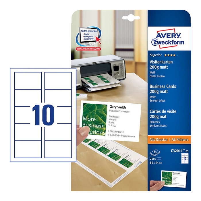 AVERY Zweckform Tarjetas de Visita C32011-25 Blanco Mate 200 g/qm, 250 Unidades AVERY Zweckform Tarjetas de Visita C32011-25 Blanco Mate 200 g/qm, 250 Unidades