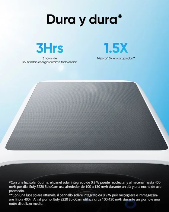 Eufy SoloCam S220 Cámara de Seguridad WiFi con Energía Solar para Exterior e Interior, 2K, Visión Nocturna, IP67, Sin Cuotas, Detección Humana con IA, Color Blanco
