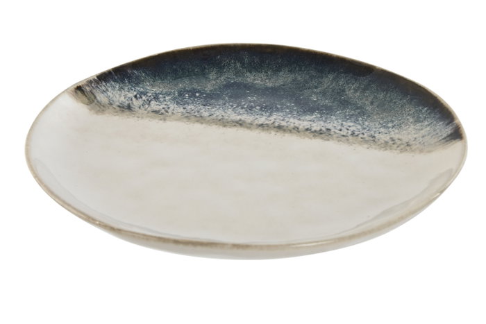 DKD Home Decor Plato de Gres Esmaltado Azul y Blanco Hecho a Mano