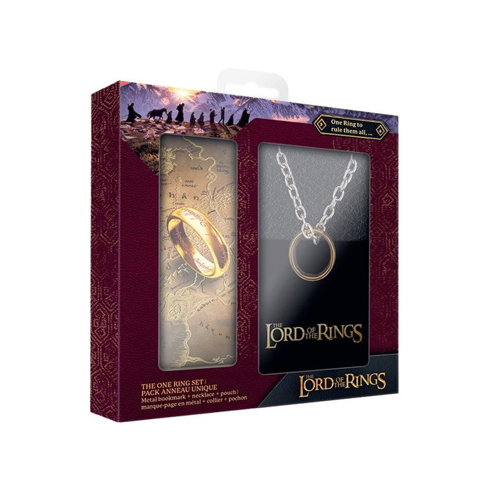 Cinereplicas Pack Regalo El Señor de los Anillos Oficial: Anillo Único con Cadena de Acero Inoxidable y Marcador Metálico Dorado