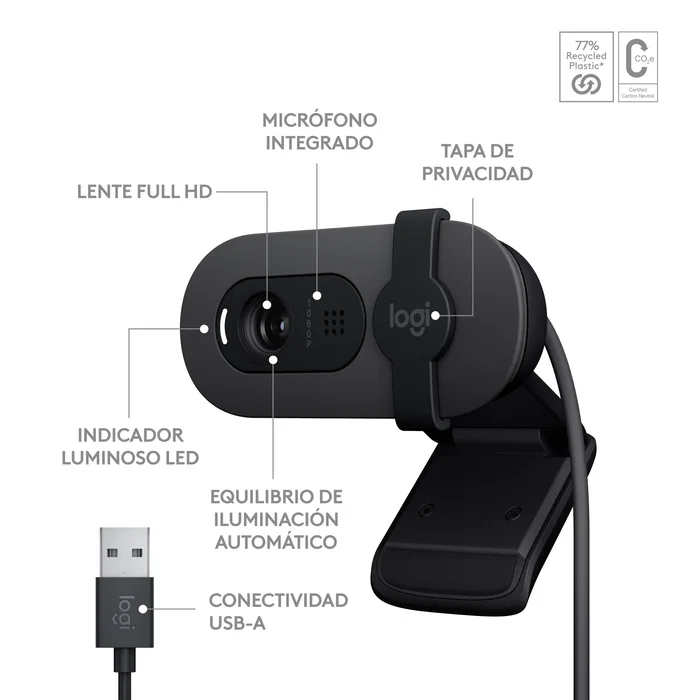 Logitech 960-001585 Brio 100 Cámara Web Full HD 1080p Plug and Play con Micrófono y Tapa de Privacidad - Grafito